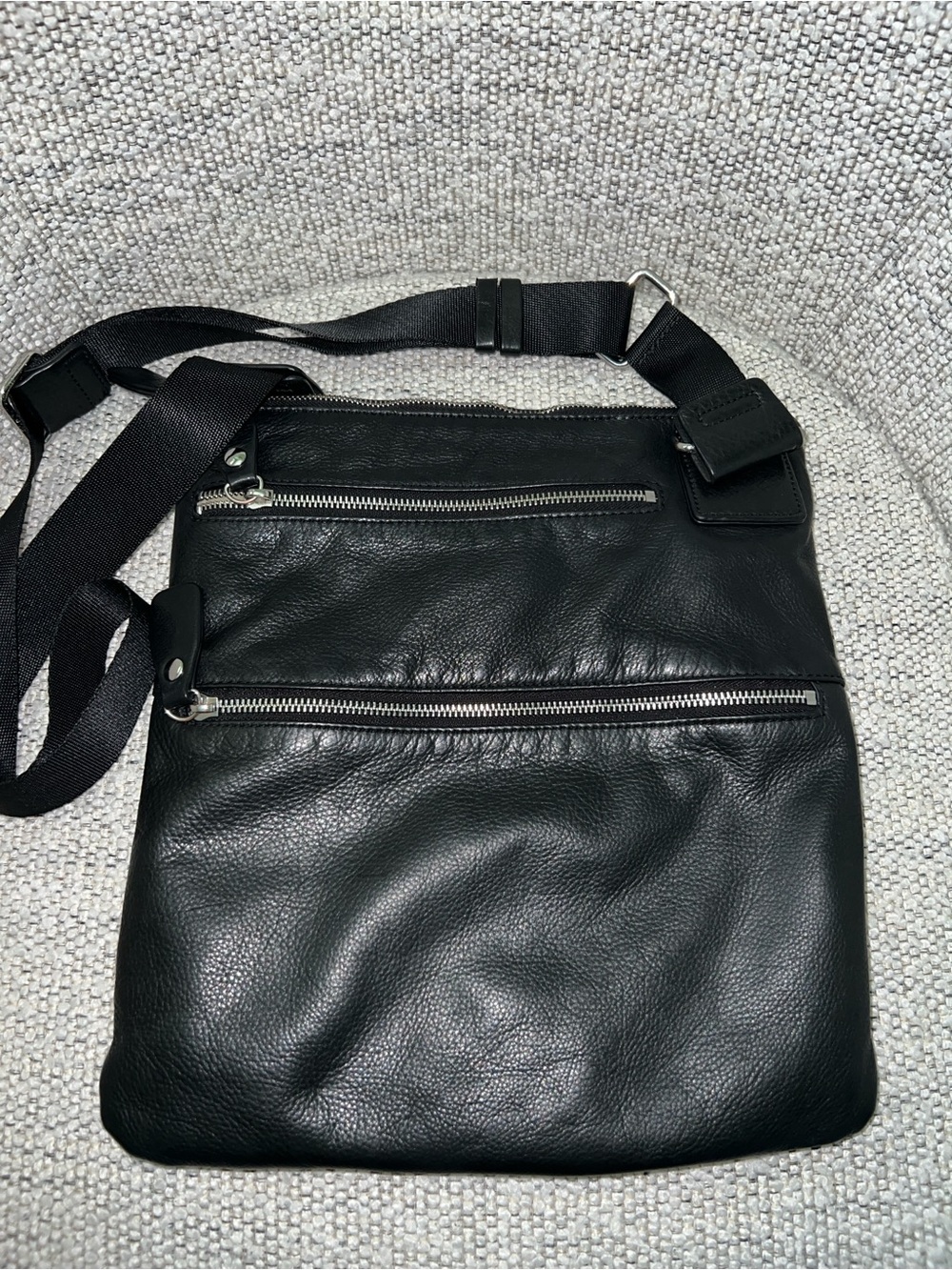 Margot Black Leather Crossbody Messenger Bag  with Silver Front Zipper Pockets